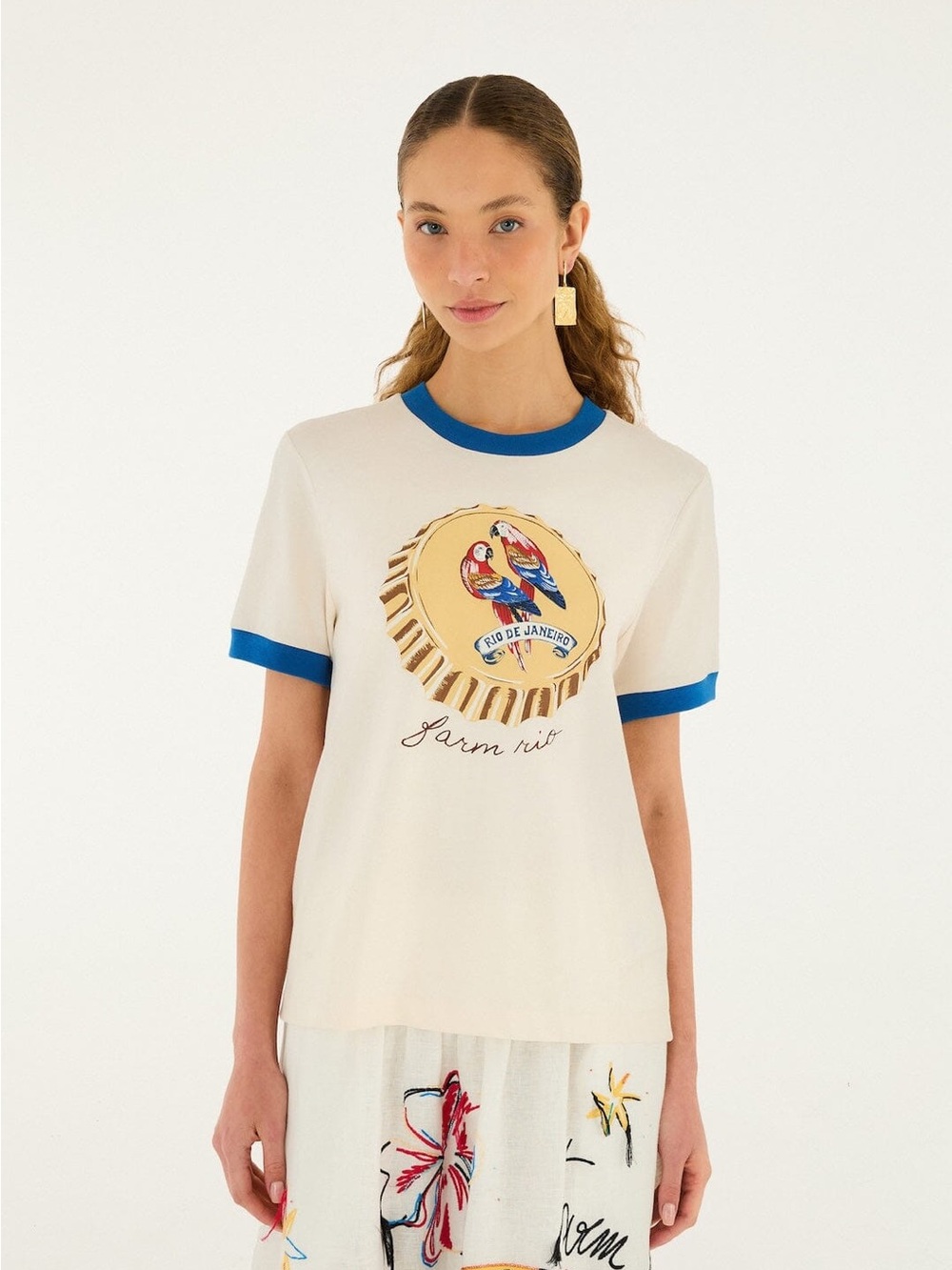 FARM Rio Cream Ringer Tee with Blue Trim and Parrot Graphic